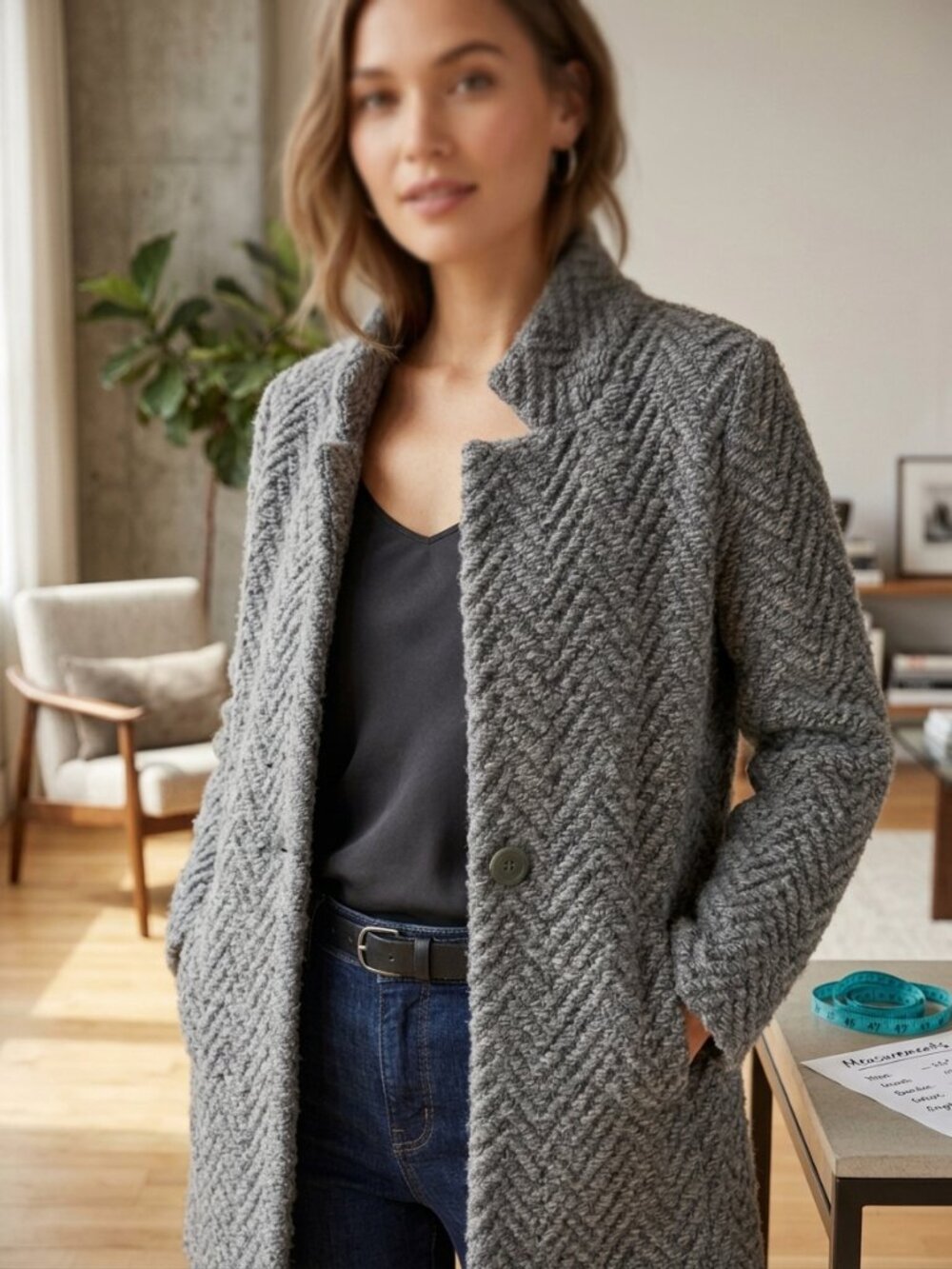 Eileen Fisher Virgin Wool Alpaca Chevron Knit Stand Collar Coat Jacket Small